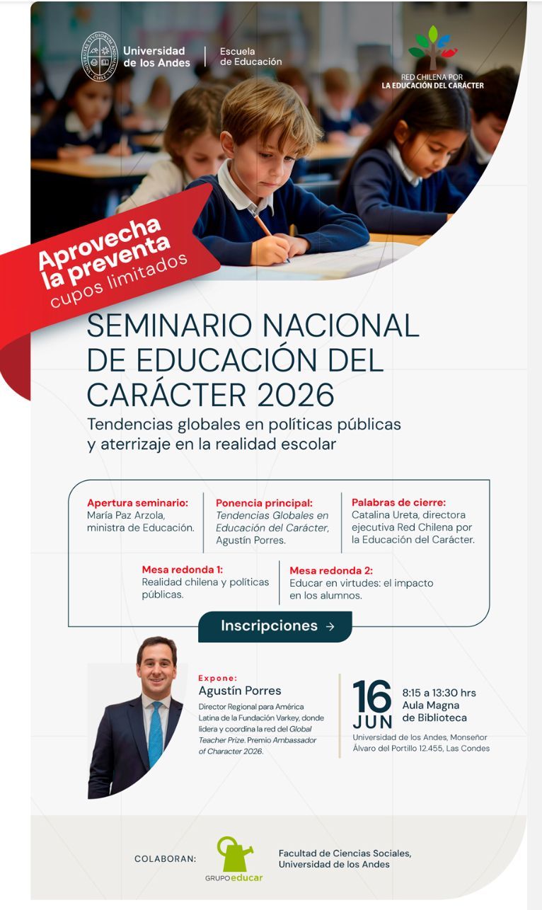 Estimada Red, Los invitamos a participar y a difundir el Primer Seminario Nacional de Educación del Carácter, que se realizará el martes 16 de junio en la Universidad de los Andes (CL). El encuentro… Estimada Red, Los invitamos a participar y a difundir el Primer Seminario Nacional de Educación del Carácter, que se realizará el martes 16 de junio en la Universidad de los Andes (CL). El encuentro…